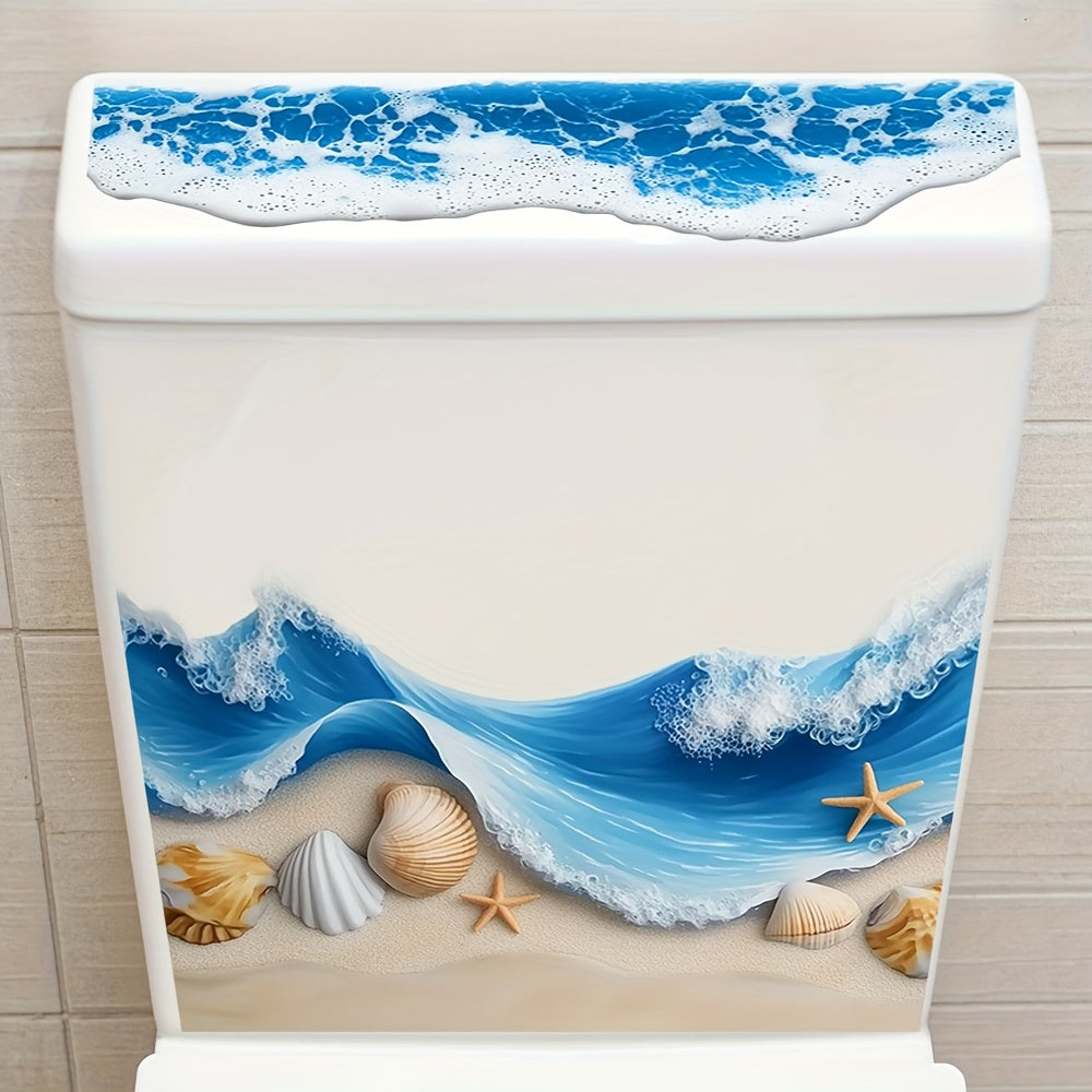 TEMU 1pc Beach Starfish & Seashells Vinyl Toilet Sticker - Self-adhesive Reusable Bathroom Decal With 3d Ocean Waves, Starfish & Seashells Design For