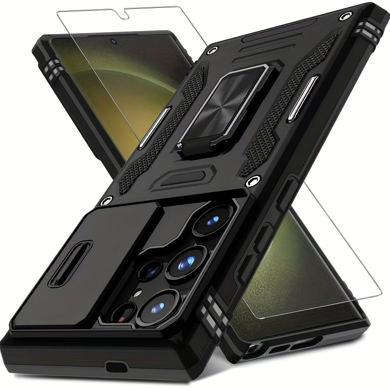 TEMU Case For Galaxy S24 Ultra With Slide Camera Cover+screen Protector 1 Pack, Rotated Ring Stand Shockproof Case -black.