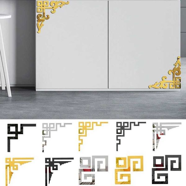 4PCS Furniture Decoration Mirror Sticker 3D Wallsticker Acrylic Self-adhesive Mirror Gold Sliver Sticker Cabinet Corner Sticker Y240730