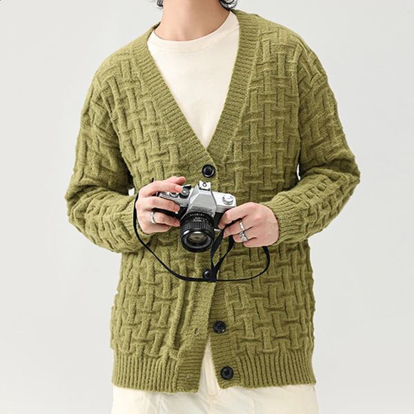 Mens Knitted Solid Color Fashion Long Sleeve Open Collar Retro Button Waist Sweater SpringAutumn Clothing 240826