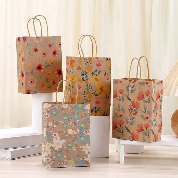 4Pcs Flower Theme Kraft Paper Gift Packing Bag Cookie Candy Shopping Tote for Birthday Baby Shower Wedding Party Decoration 250113