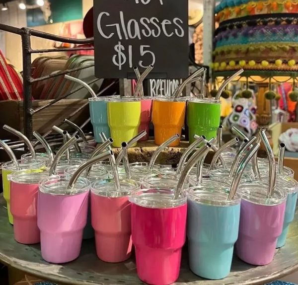 60ML-3oz Mini Wine Glasses Stainless Steel Tumbler Little Drinkware with Straw Cocktail Beer Mugs Keep Cold Thermal Cup