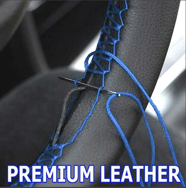Blue Leather DIY Car Steering Wheel Cover Needle Thread 38cm 15 Sticker Genuine Accessories For Kia Rio 3 4 Hyundai Solaris Kit Z250108