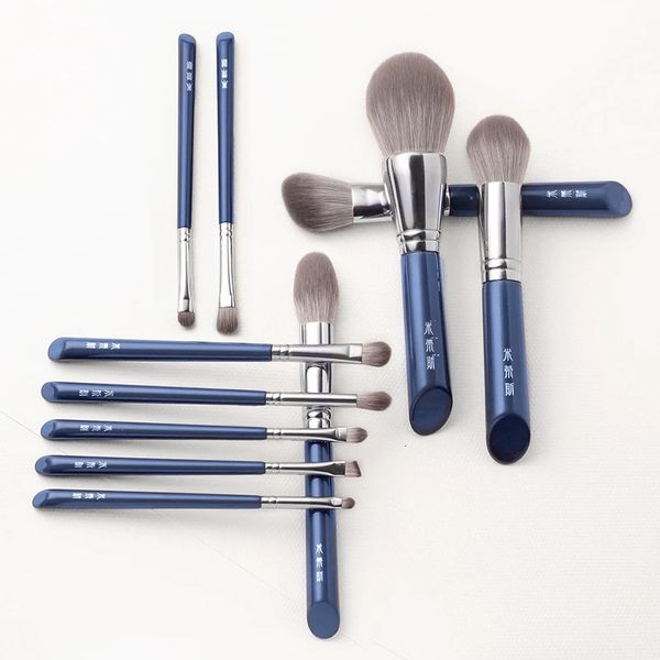 MyDestiny Azure Blue 11 Pcs Makeup Brush Set and Kit Ultra soft fiber high-quality face and eye basic eye shadow powder brush 240715
