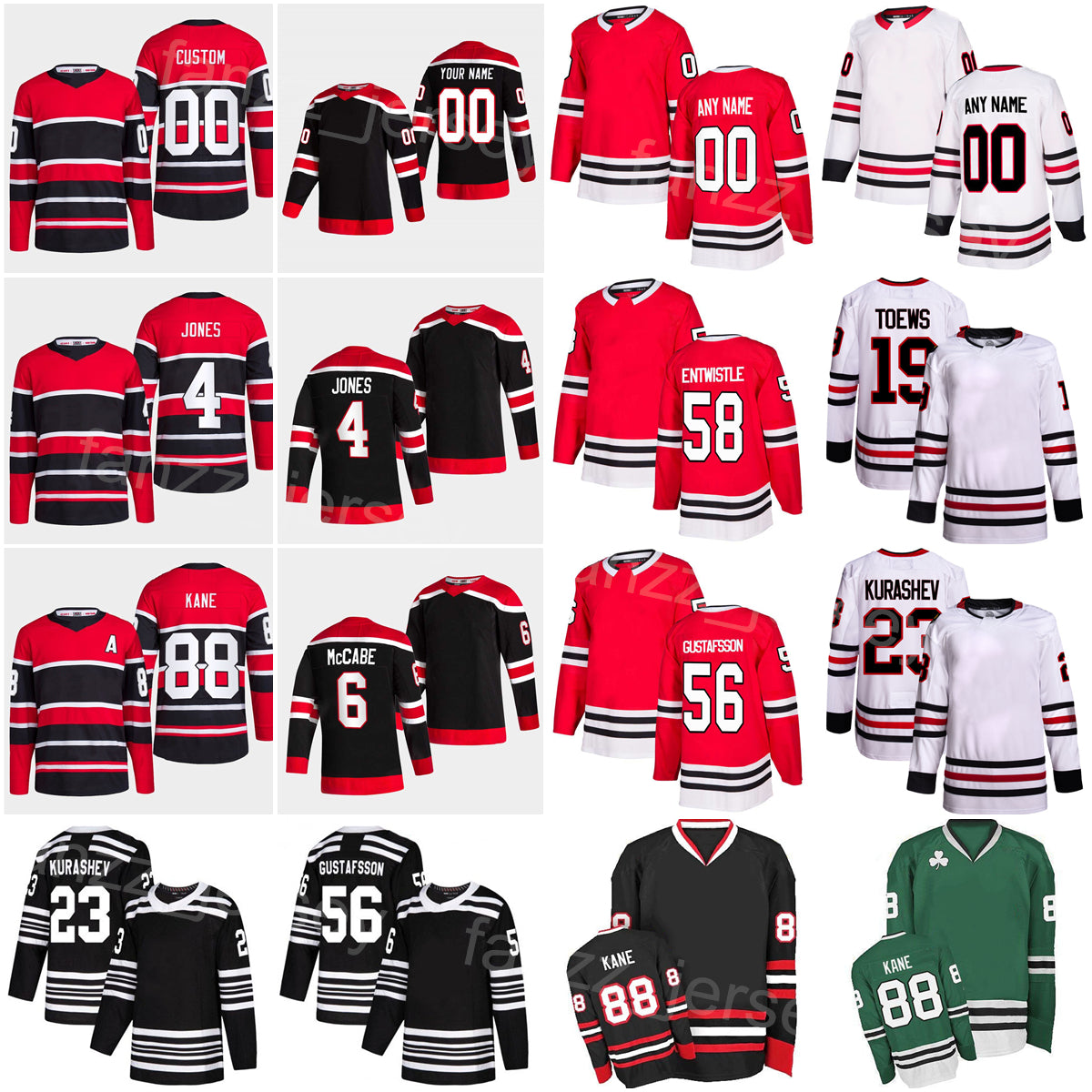 2023 Reverse Retro Hockey 4 Seth Jones Jersey 88 Patrick Kane 19 Jonathan Toews 23 Philipp Kurashev 56 Erik Gustafsson Jake McCabe MacKenzie Entwist