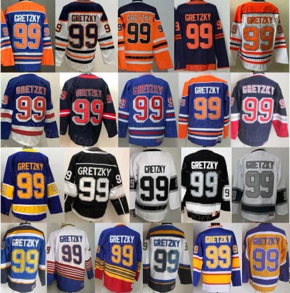 Hot Men Ice Hockey 99 Wayne Gretzky Jersey Reverse Retro Retire Blue White Black Orange 1979 1988 1996 CCM Vintage Sport Jerseys Uniform&#03