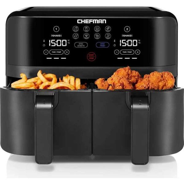 Chefman TurboFry Touch dual air fryer maximizes the healthiest meals with dual basket capacity one click digital control and B240806