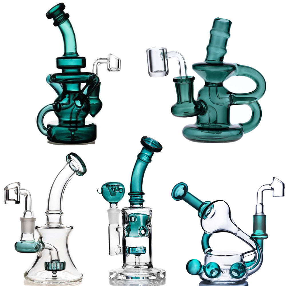 Dark Green Recycler Hookah Bubbler Pink Purple Glass Bong Pipes Showerhead Diffuser Oil Dab Rigs Water Pipe Smoking Accessory with 14mm Joint
