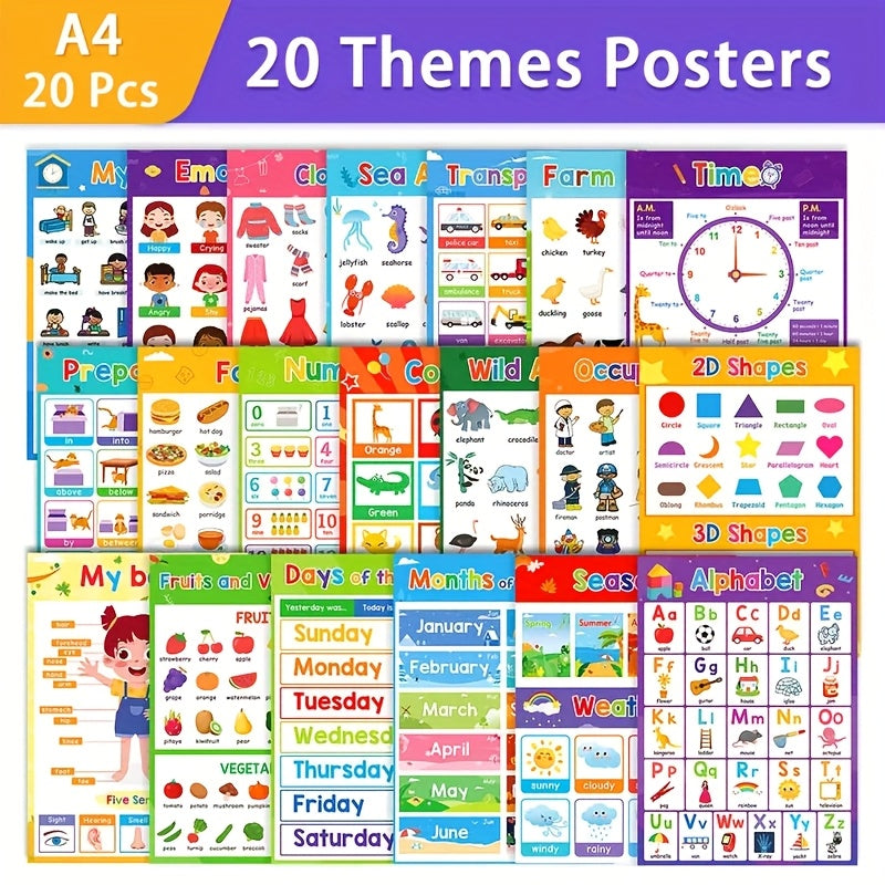 TEMU 20 Educational Posters For Young Children-charts For Kids, Abc Alphabet Posters, Preschool Homeschool Materials, Classroom Wall Decorations For