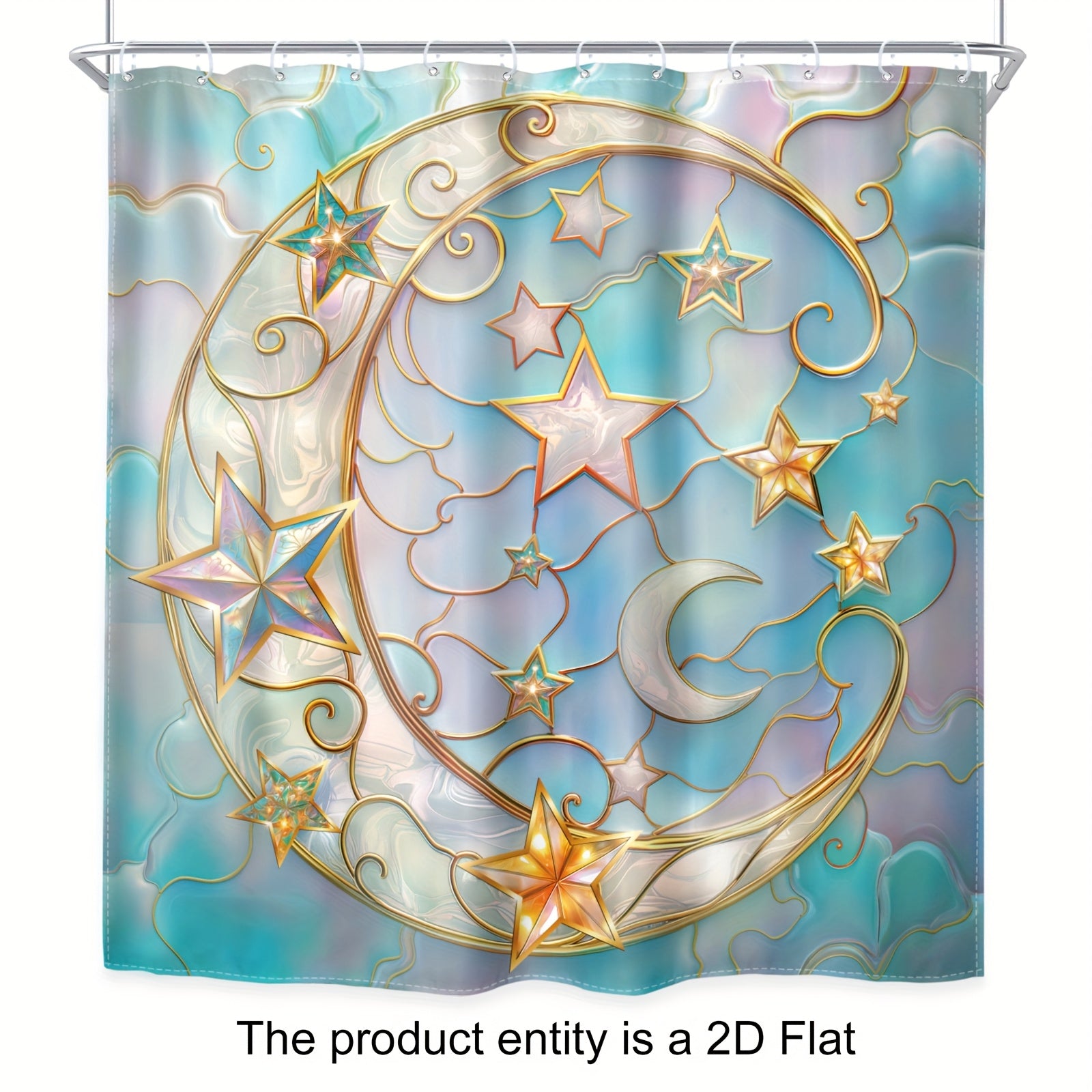 TEMU 1pc-4pcs - 2d Flat Blue Curtain Set, Moon Glass Shower Curtain With 12 Hooks, Non-slip Bathroom Floor Mat, Toilet Seat Cover Mat, U-shaped Mat,