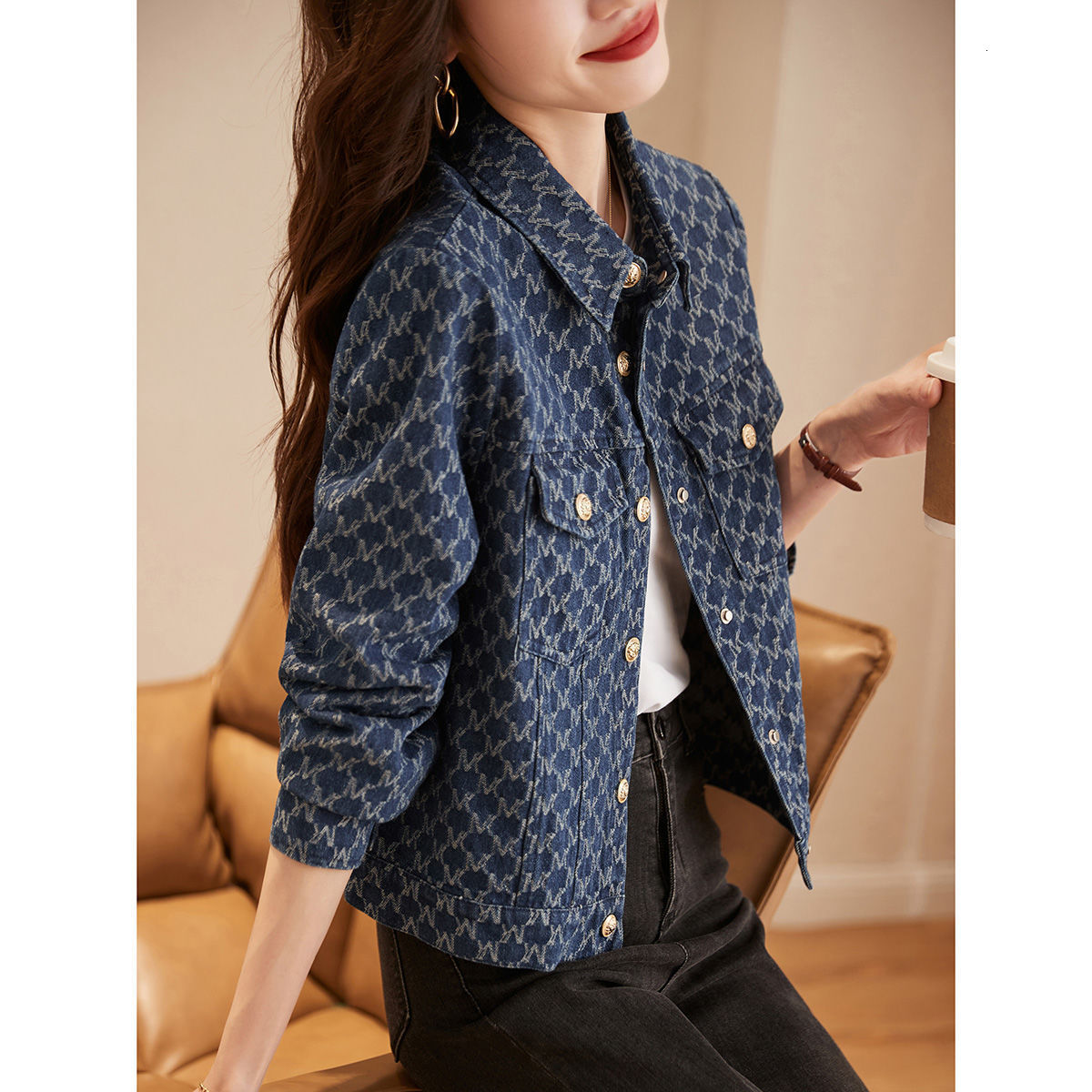 Spring Autumn Check with Print Graphic Outerwears Blue Mix Color Female Jeans Coat Womens Denim Jackets Chic and Elegant 250723