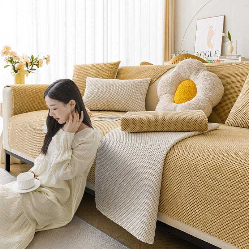 Corn Plush Simple Modern Non-Slip Seat Cushion Autumn Winter Style Rice Grain Velvet Solid Color Sofa Cover