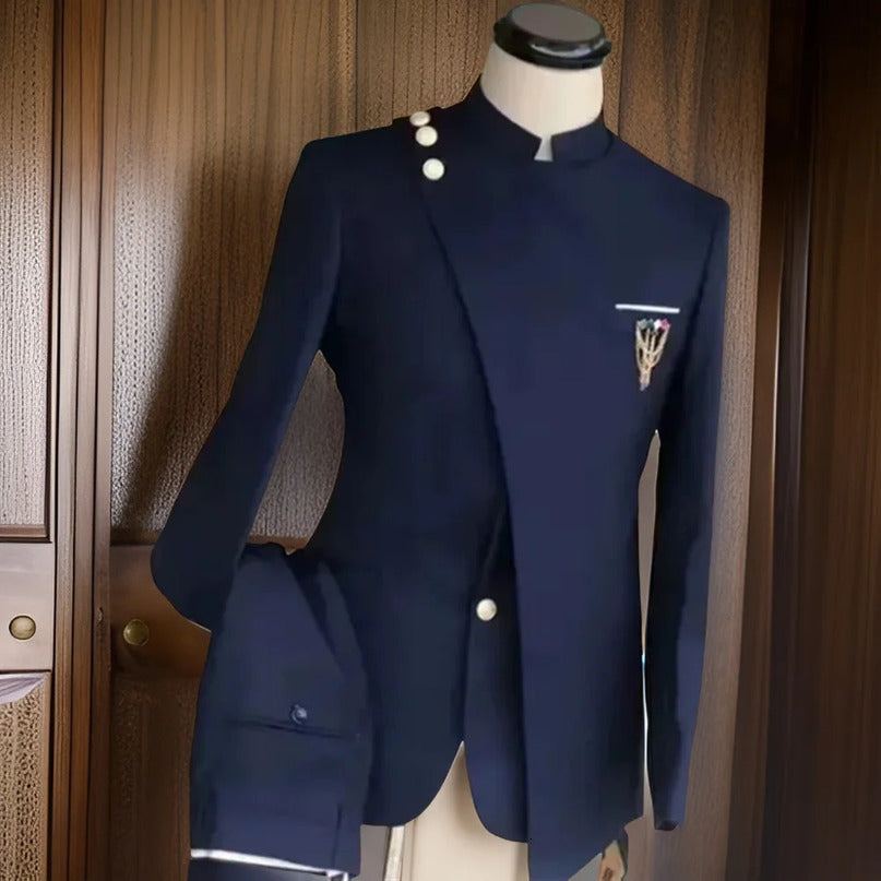 Slim Fit Men Suits for Wedding with Mandarin Stand Collar Male Fashion Groom Tuxedo 2 Pieces Suit Jacket Pants 240430