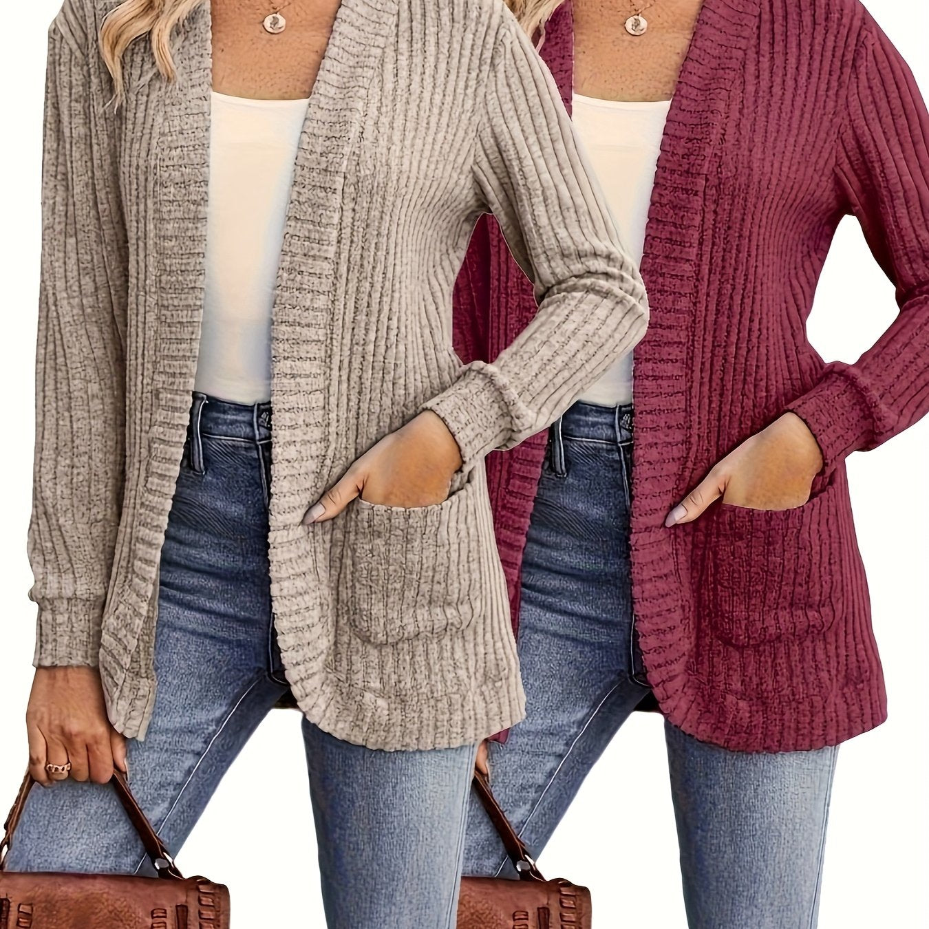 TEMU 2-pack Women's Casual Long Cardigan, Loose Simple Sweater With Pockets For Daily Wear And Holidays In Autumn-winter