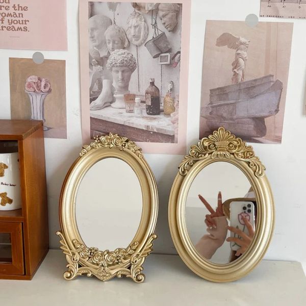 Rustic Gold Palace Home Decorative Style Frame Makeup French Tray Mirror Table Carving Bedroom