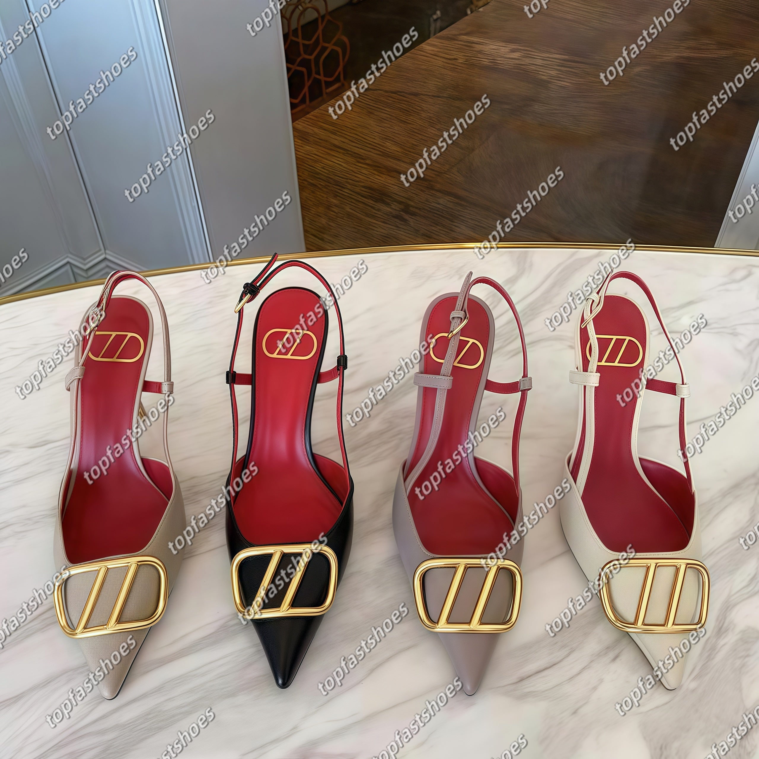 designer sandals women slingback high heels shoes woman kitten heels Metal Buckle heels pointed toe pumps black silver red beige high heel 4cm 6cm 8