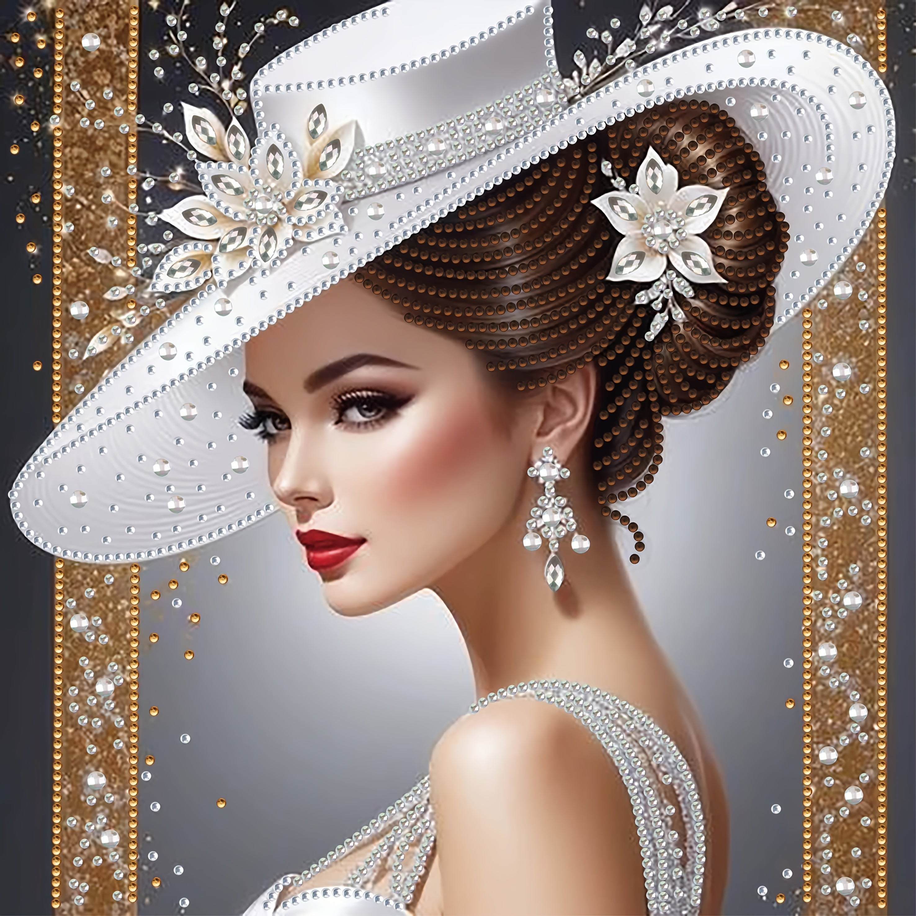 TEMU Elegant White Sunshade Hat Women's Pattern Diamond Painting Set, Partially Decorated With Special Shape Crystal Home Wall Decoration Diy