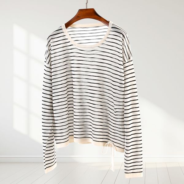 Women&#039;s striped knitted t-shirt, retro garden collar, long sleeved women&#039;s top t-shirt
