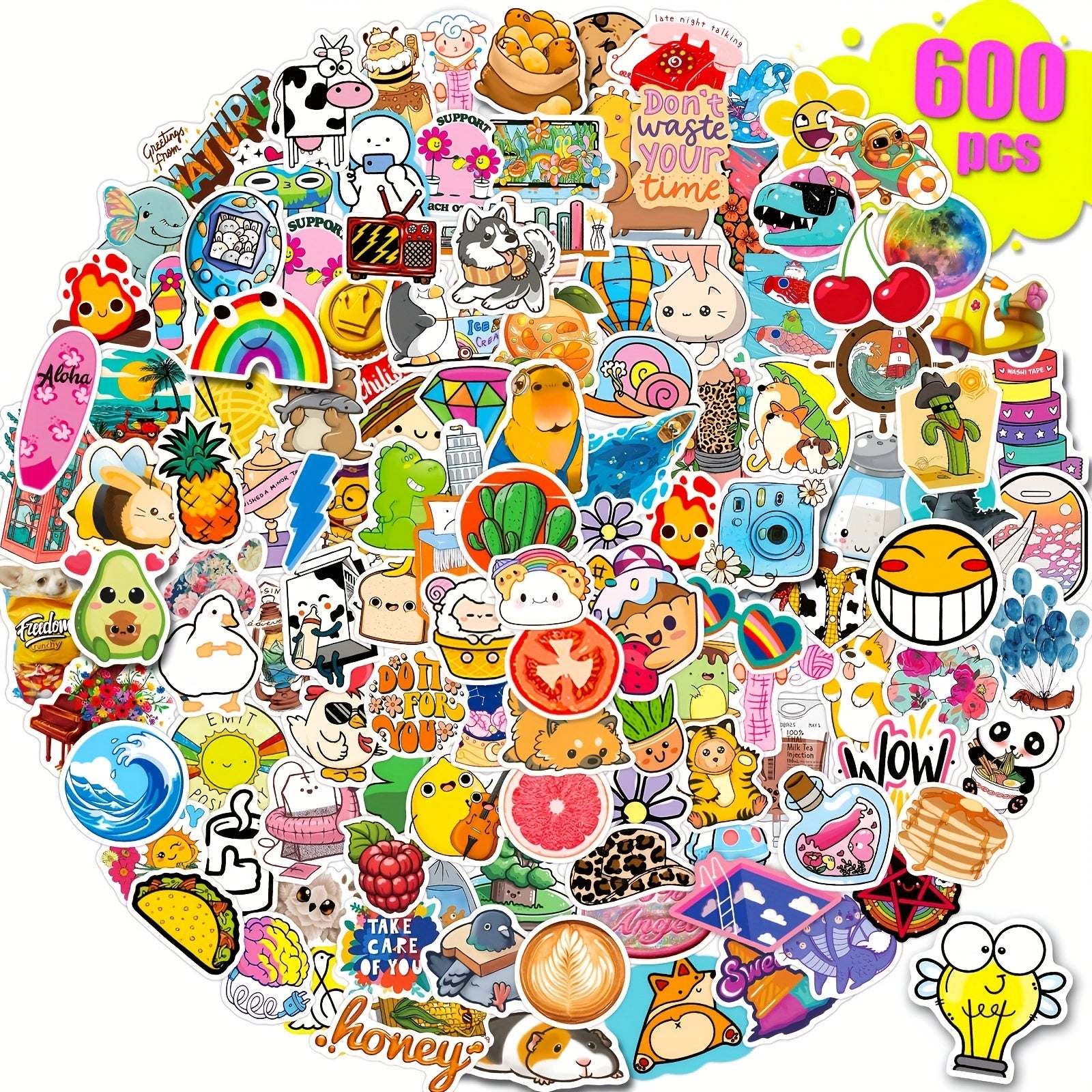 TEMU 600pcs Cute Water Bottle Stickers, Luggage Stickers, Waterproof Stickers For Phone, Tablet, Computer, Guitar, Skateboard, Folder, Journal, Party