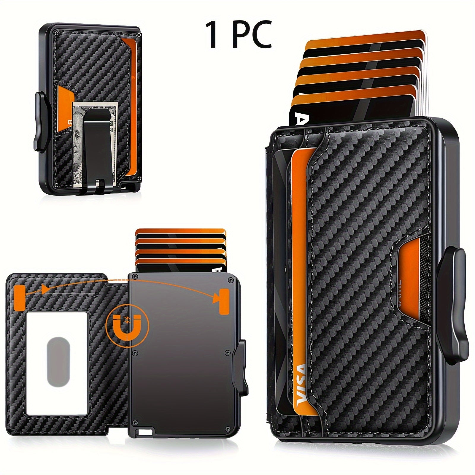 TEMU Slim Rfid Blocking Tactical Wallet For Men - Pop-up Card Holder With Minimalist Brown Leather Design, Window & Money Clip, Aluminum Alloy, For