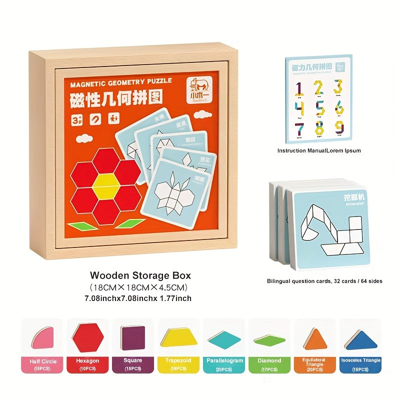 TEMU 280-220-180-128pcs Creative Magnetic Wooden Puzzle, Educational Interactive Brain Teaser Toy For Geometric Shape Recognition Learning, Birthday