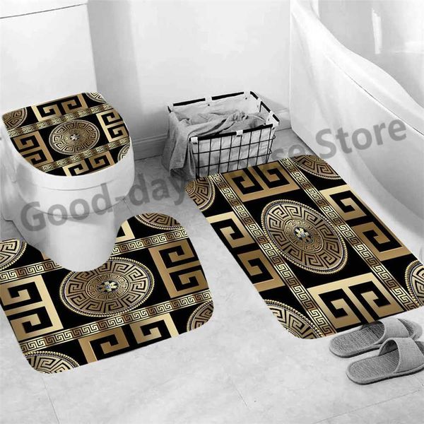 Bath Mats 3 pieces of luxurious black and gold shower mat carpet non slip cup modern marble toilet seat lip cover bathroom home decoration a