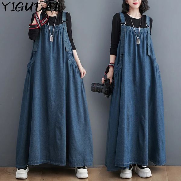 Women Fashion Spring Autumn Long Dress Retro Loose Slimming Denim Suspender Skirt Dresses Long Large Swing Dress y2k 240629