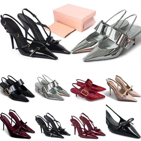 designer dress shoes womens ladys high heels luxury miumii pumps stiletto heel girls patent leather buckle pointed toes black nude heels