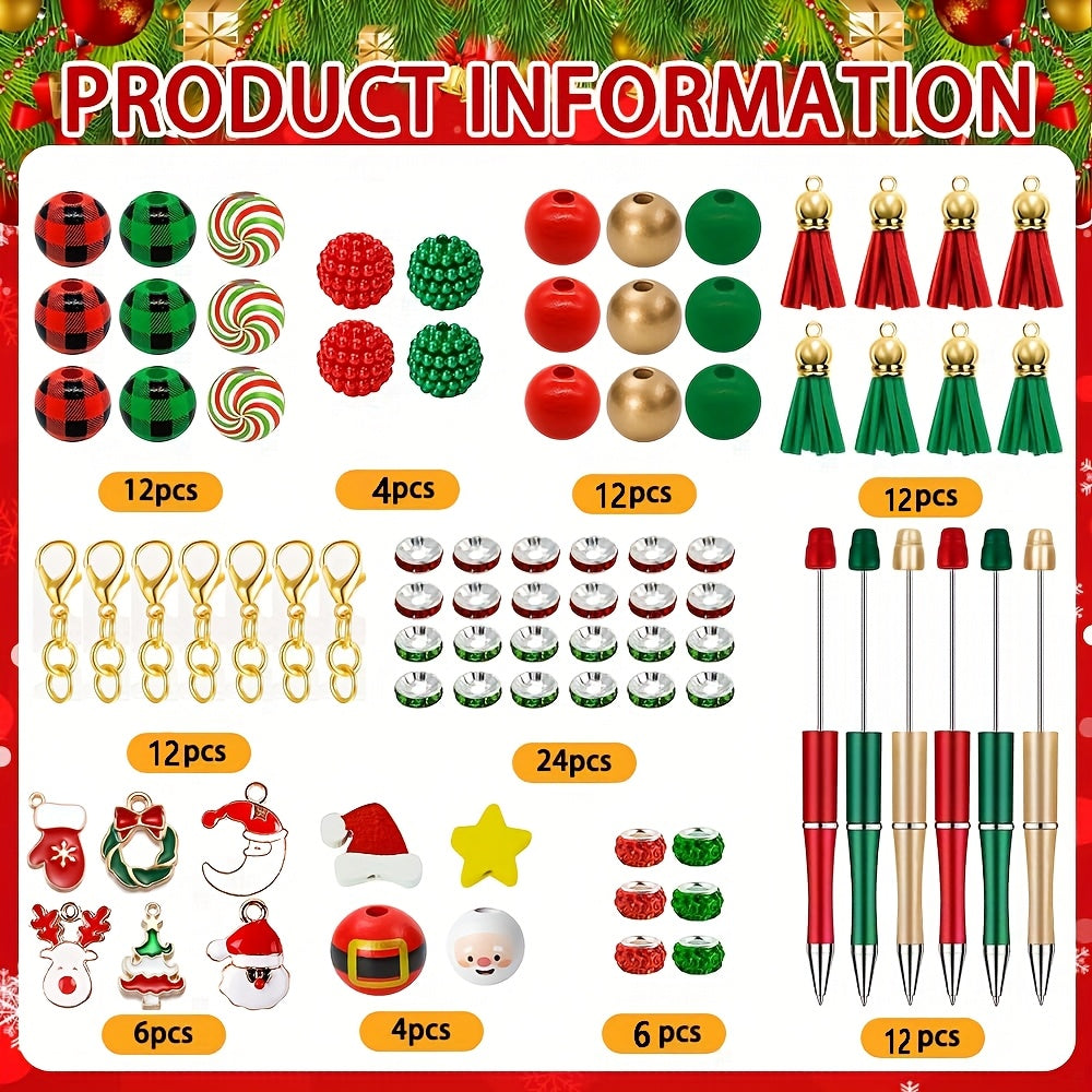 TEMU 104 Christmas Ballpoint Pen Set, Including 12 Ballpoint Pens, 62 Bead Beads, 12 Tassels, 6 Christmas Pendants, And 12 Lobster Chains. Batch Pens