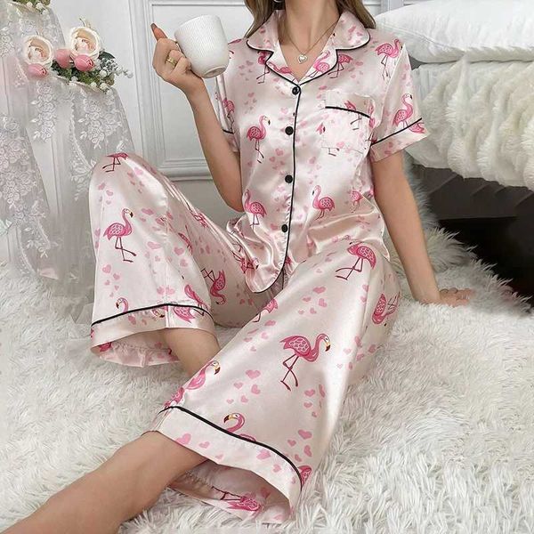 Satin Pajamas For Women Home Clothes Autumn Short Sleeve Turn-down Collar Tops Pants Sleepwear Flamingo Print Pyjama 2 Piece SetC241213