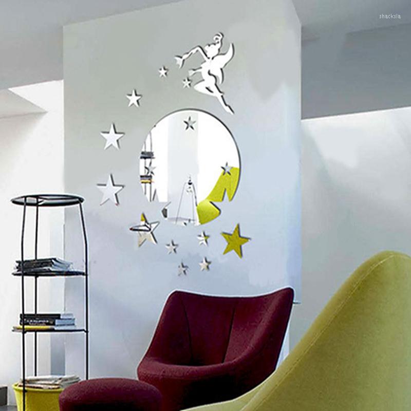 Wall Stickers 3D Fairy Angel Acrylic Mirror DIY In The World Star Silver Sticker Kids Bedroom Home Decor