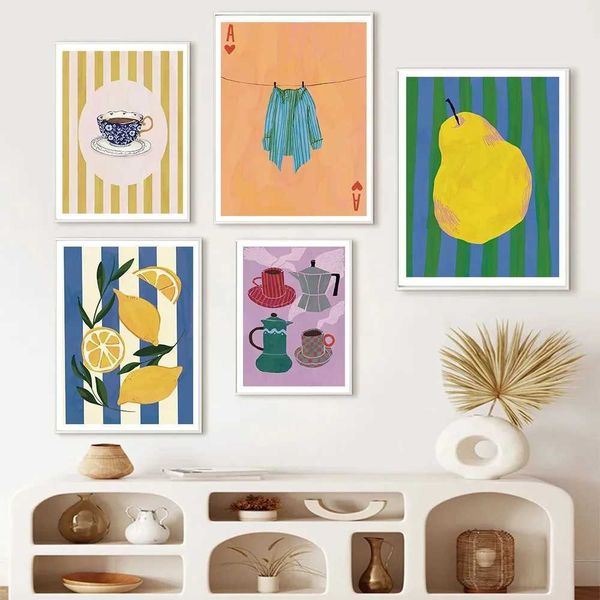 Mini coffee cup Moka pot poster and printed canvas painting citric acid and cheese board wallpaper kitchen decoration art pictures W241010