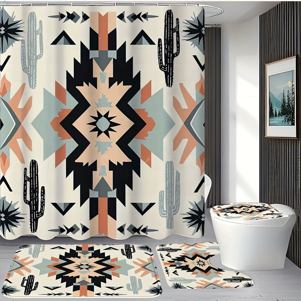 TEMU 1-4pcs Bohemian Style Patterned Shower Curtain Set, With 12 Hook Waterproof Barrier Shower Curtains, Non Slip Floor Mats, Toilet U-shaped Mats,