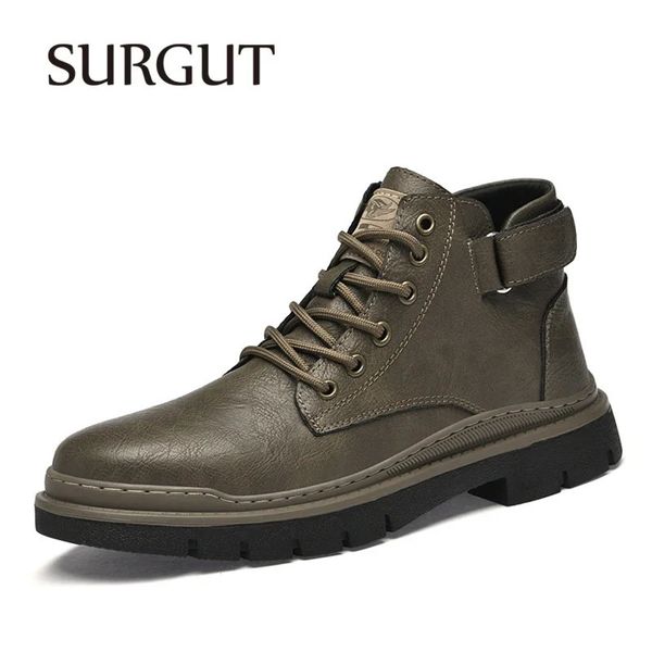 SURGUT Casual Split Leather Shoes Men Retro Autumn Winter Fur Waterproof 2024 Fashion Business Working Snow Boots 241019