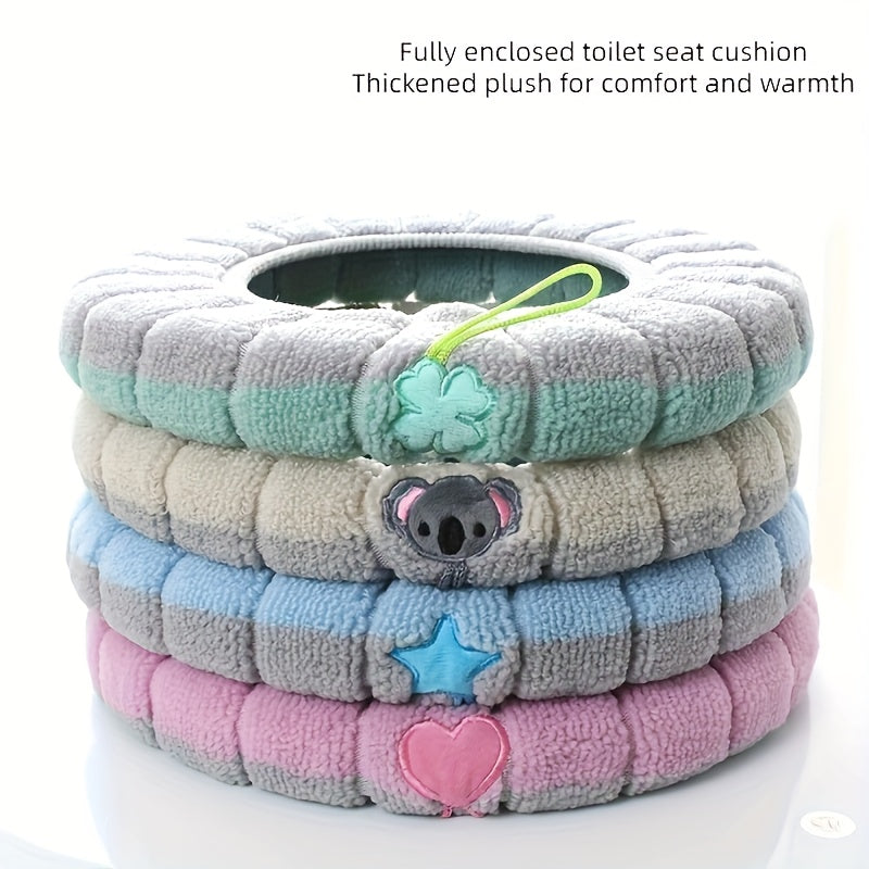 TEMU Soft Plush Non-slip Toilet Seat Cover With Drawstring Closure - Thickened Washable Polyester Fiber, Cute Animal & Star Patterns, Lightweight
