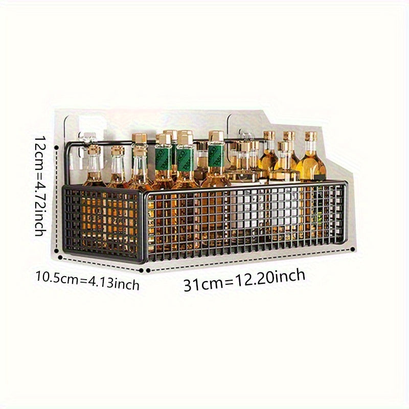 TEMU Large Iron Wall-mounted Kitchen Storage Rack - No Drilling Required, Space-saving With Hooks For Utensils And Bottles - Modern Organizer For