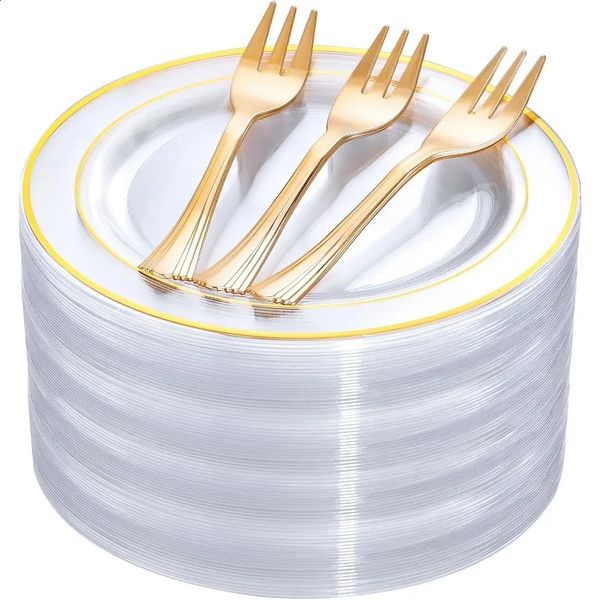 240 dessert plate set including 120 disposable salad plates 6.5 120 gold plastic forks 5.7 transparent gold wheel plates 240816