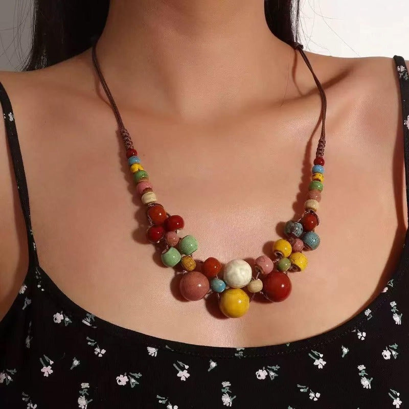 TEMU Women's Bohemian Beaded Ceramic Necklace - Vintage Style With Colorful Ceramic Beads, Natural Tones & Glossy Finish, Handcrafted Summer Beach
