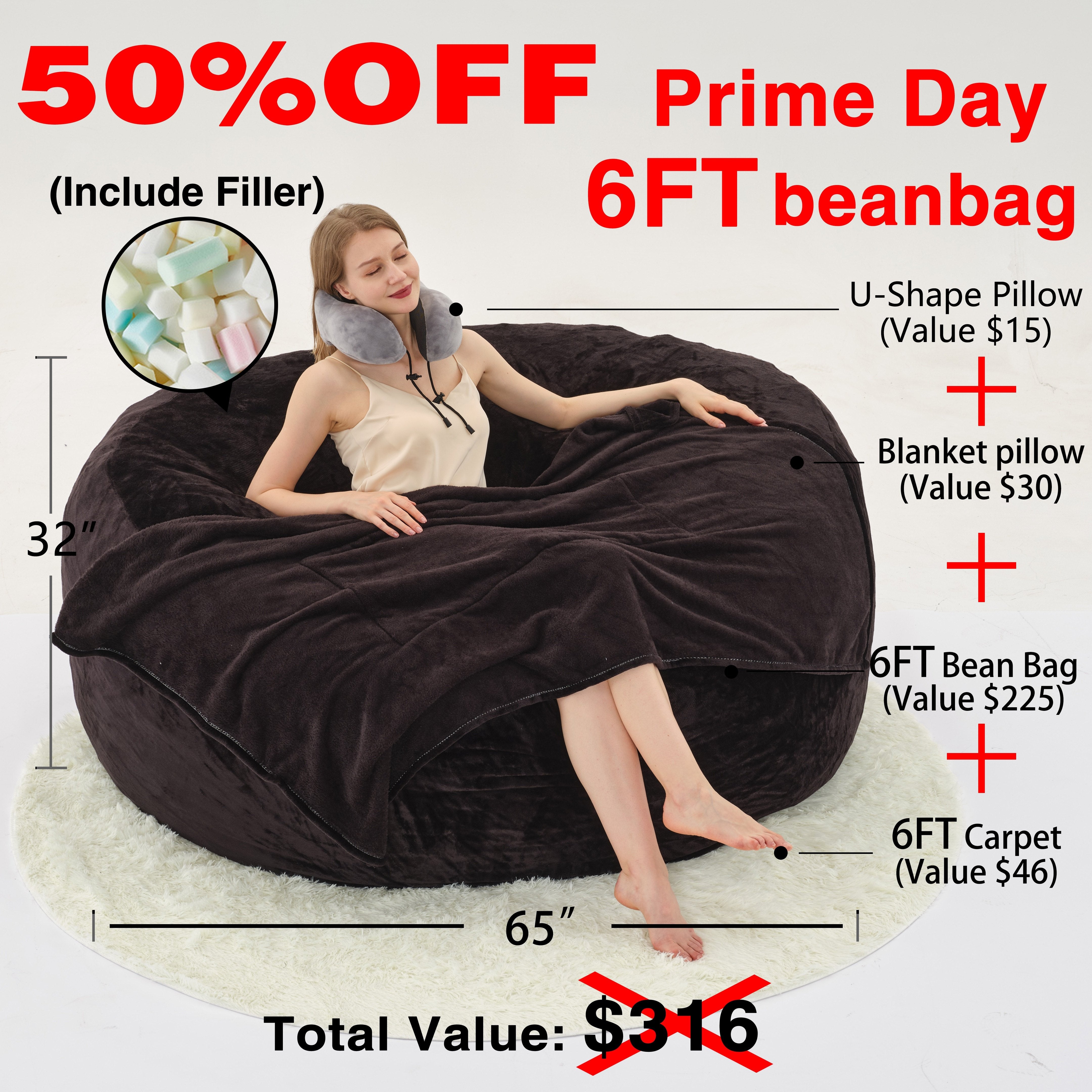 TEMU Bean Bag Chair6ft Luxurious Velvet Ultra Soft Fur With (give 3 Gifts: Pillow, Blanket Pillow, 6ft Carpet) High-rebound Memory Foam Bean Bag