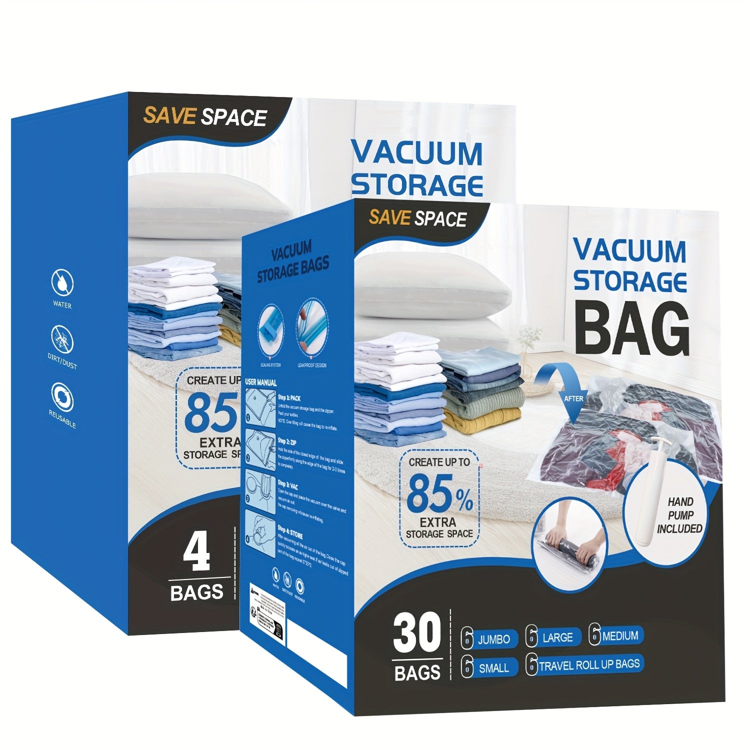 TEMU 34 Pack Vacuum Storage Bags, Space Saver Bags (6 Jumbo-6 Large-10 Medium-6 Small-6 Roll) Compression For Comforters And Blankets, Sealer Clothes