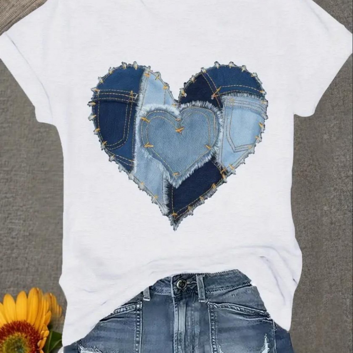 TEMU Women's Plus Size Casual T-shirt With Heart-shaped Denim Patch Design - Soft, Short Sleeve, Round Neck, Machine Washable, Outfits, Apparel |