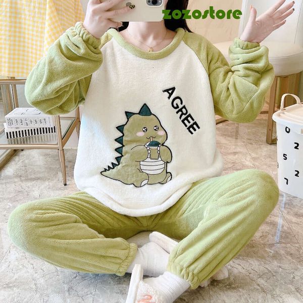 Thickened Warm Flannel Pajama Woman&#039;s Winter Cartoon Bear Dinosaurs Dog Cat Print Homewear Large Size Soft Sleepwear 2Pcs-Set E9