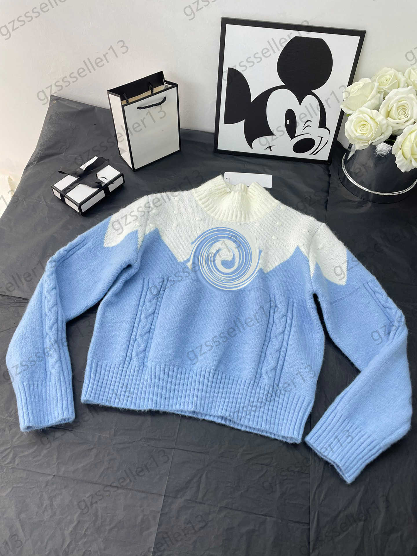 Womens Sweater chest logo print Color matching stand collar Pullover Knit Sweaters Spiral stripe decoration Long Sleeve Knitwear Medieval style Wome