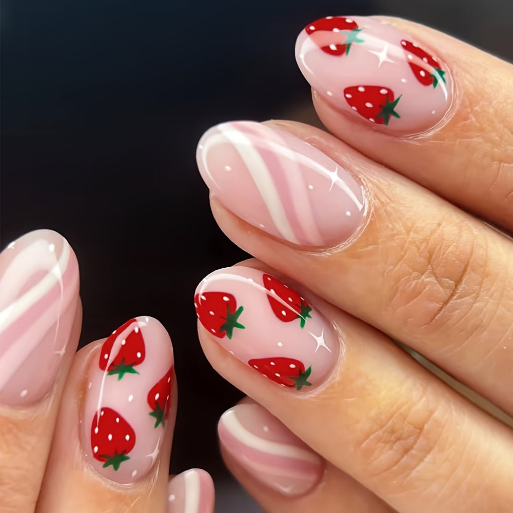 TEMU 24-piece Press-on False Nails Set, Sweet Cartoon , Mixed Pink Tones, Oval Shape, Short Length, Fruit Pattern With Glossy Finish For Women And