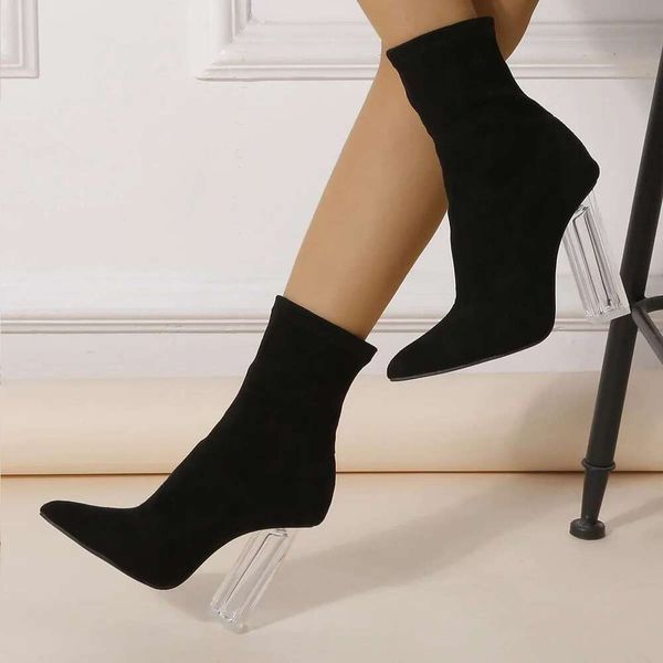 FIERA ck Women High Ankle Boots Lady Winter Block Clear Heels Sock Short Booties Transparent Apricot Prom Shoes 2025 Blo So