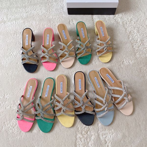 Top Qulity Charms Slides Slippers Diamond Rhinestone Decorative Strip Slip-On Beach Platform Mules Heels Slip On Sandals Women Designers