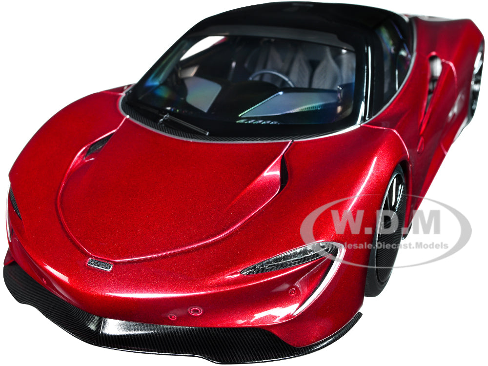 McLaren Speedtail Volcano Red Metallic with Black Top and Suitcase Accessories 1-18 Model Car by Autoart