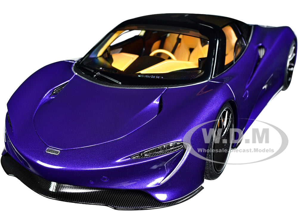 McLaren Speedtail Lantana Purple Metallic with Black Top and Yellow Interior and Suitcase Accessories  1-18 Model Car by Autoart