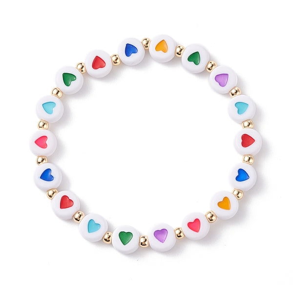 Bracelet extensible de perles acryliques rondes plates à motif de coeur pour enfant