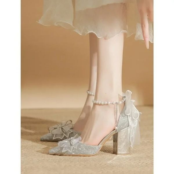 Spring Pointed Toe Party Woman Wedding Shoes Bride Bow Thick Heel Silver Sequin Fairy Lolita Style Single Shoes 250109